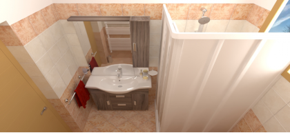 Bagno moderno con piastrelle cm 20x20 rosa box doccia a soffietto radiatore termoarredo mobile bagno a terra