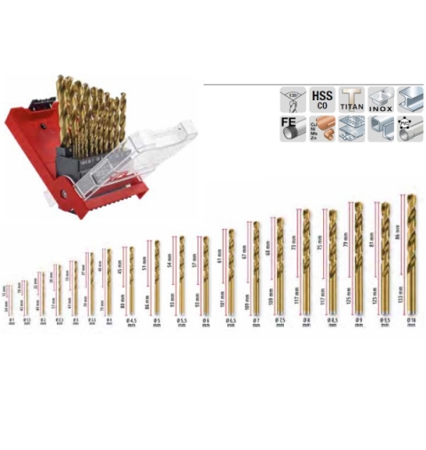PUNTE ELICOIDALE RIVESTIMENTO IN TITANIO HSS-G PER METALLO CONFEZIONE 19 PEZZI KWB