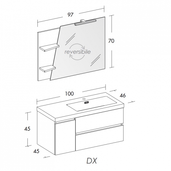MOBILE BAGNO LINE 04 CM 100 BASE 2 CASSETTI 1 ANTA LAVABO RESINA BIANCO SPECCHIO SAGOMATO LAMPADA LED