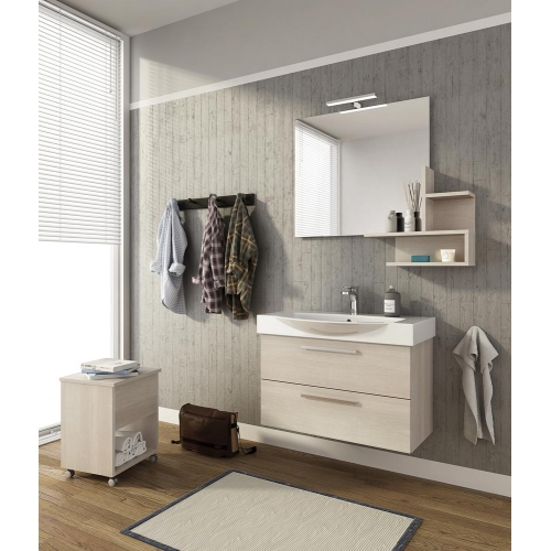 MOBILE BAGNO MANHATTAN M8 CM 82 BASE LAVABO CERAMICA SPECCHIO FILO MENSOLA LAMPADA LED COLORAZIONE ROVERE TRANCHE BIANCO 