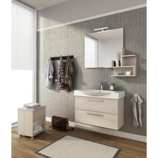 MOBILE BAGNO MANHATTAN M8 CM 82 BASE LAVABO CERAMICA SPECCHIO FILO MENSOLA LAMPADA LED COLORAZIONE ROVERE TRANCHE BIANCO 