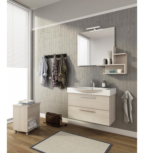 MOBILE BAGNO MANHATTAN M8 CM 82 BASE LAVABO CERAMICA SPECCHIO FILO MENSOLA LAMPADA LED COLORAZIONE ROVERE TRANCHE BIANCO 