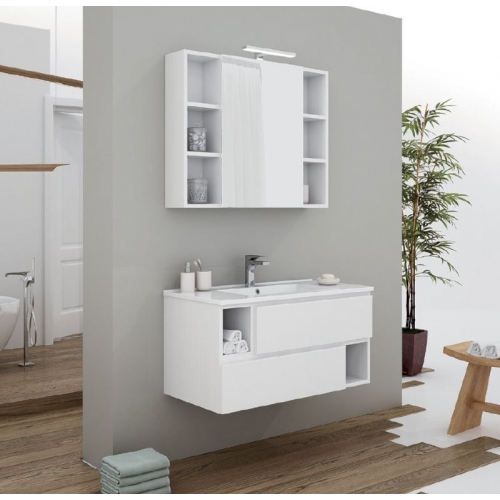 MOBILE BAGNO CITY 02 CM 90 BASE 2 CASSETTI LAVABO RESINA BIANCO SPECCHIO CONTENITORE LAMPADA LED