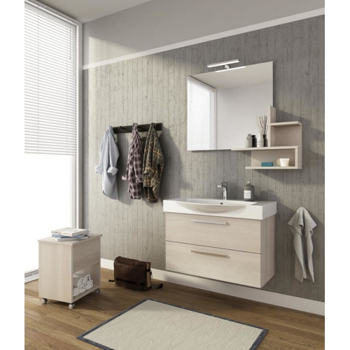 MOBILE BAGNO MANHATTAN M8 CM 82 BASE LAVABO CERAMICA SPECCHIO FILO MENSOLA LAMPADA LED COLORAZIONE ROVERE TRANCHE BIANCO