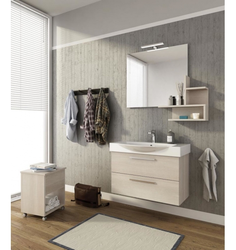 MOBILE BAGNO MANHATTAN M8 CM 82 BASE LAVABO CERAMICA SPECCHIO FILO MENSOLA LAMPADA LED COLORAZIONE ROVERE TRANCHE BIANCO